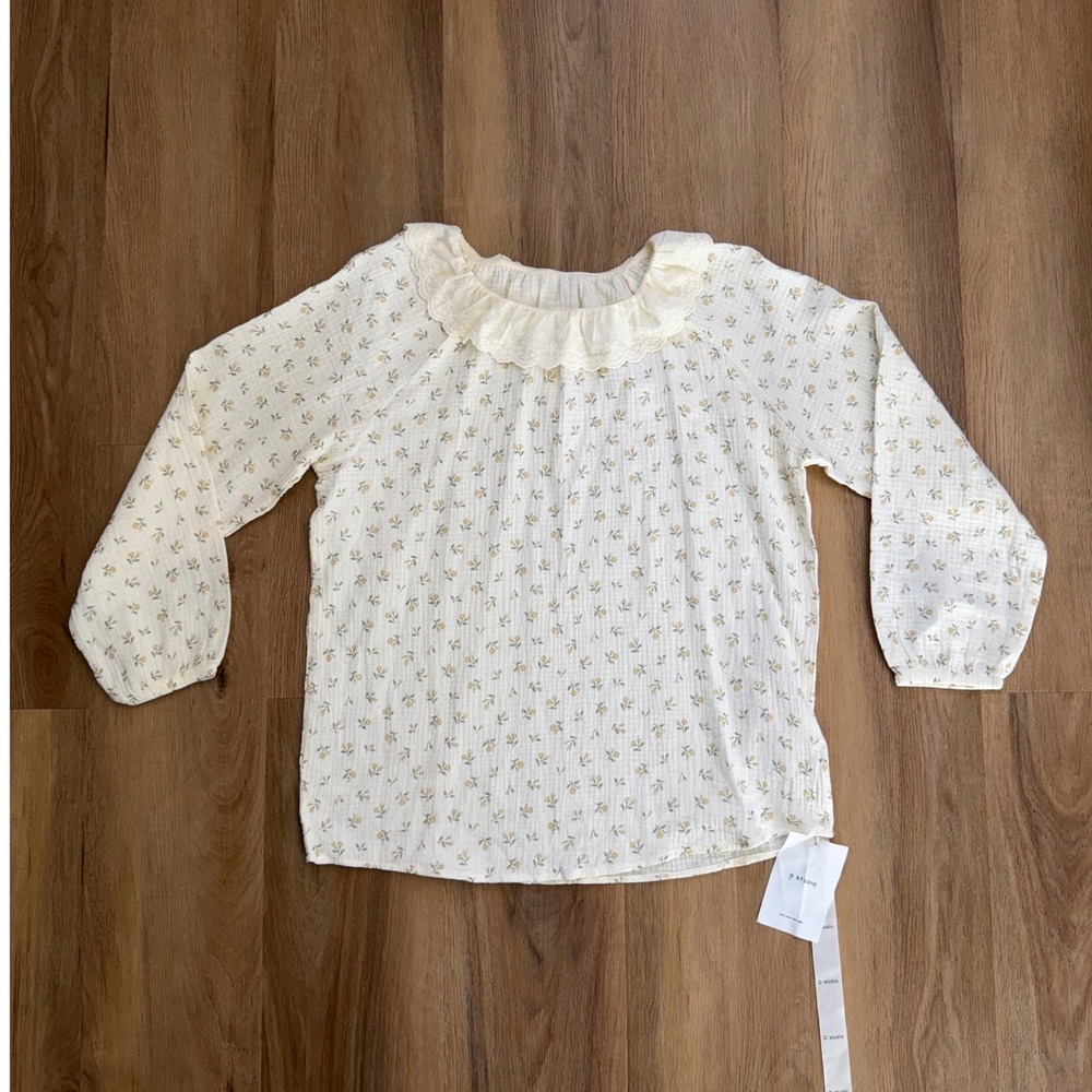 Floral Cotton Gauze Blouse Cream Ruffle Lace Collar M NEW cottage Prairie